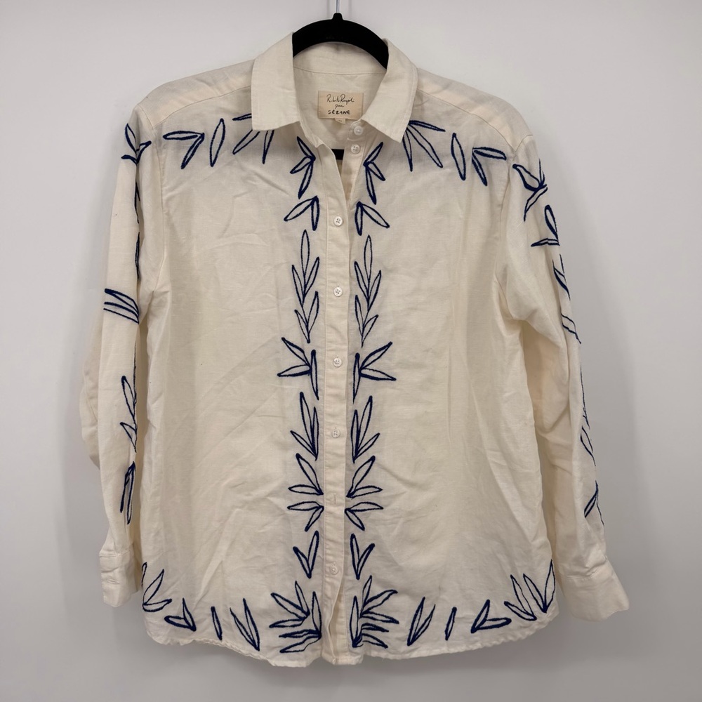 Sezane Cream Button-Down Shirt with Navy Blue Embroidery